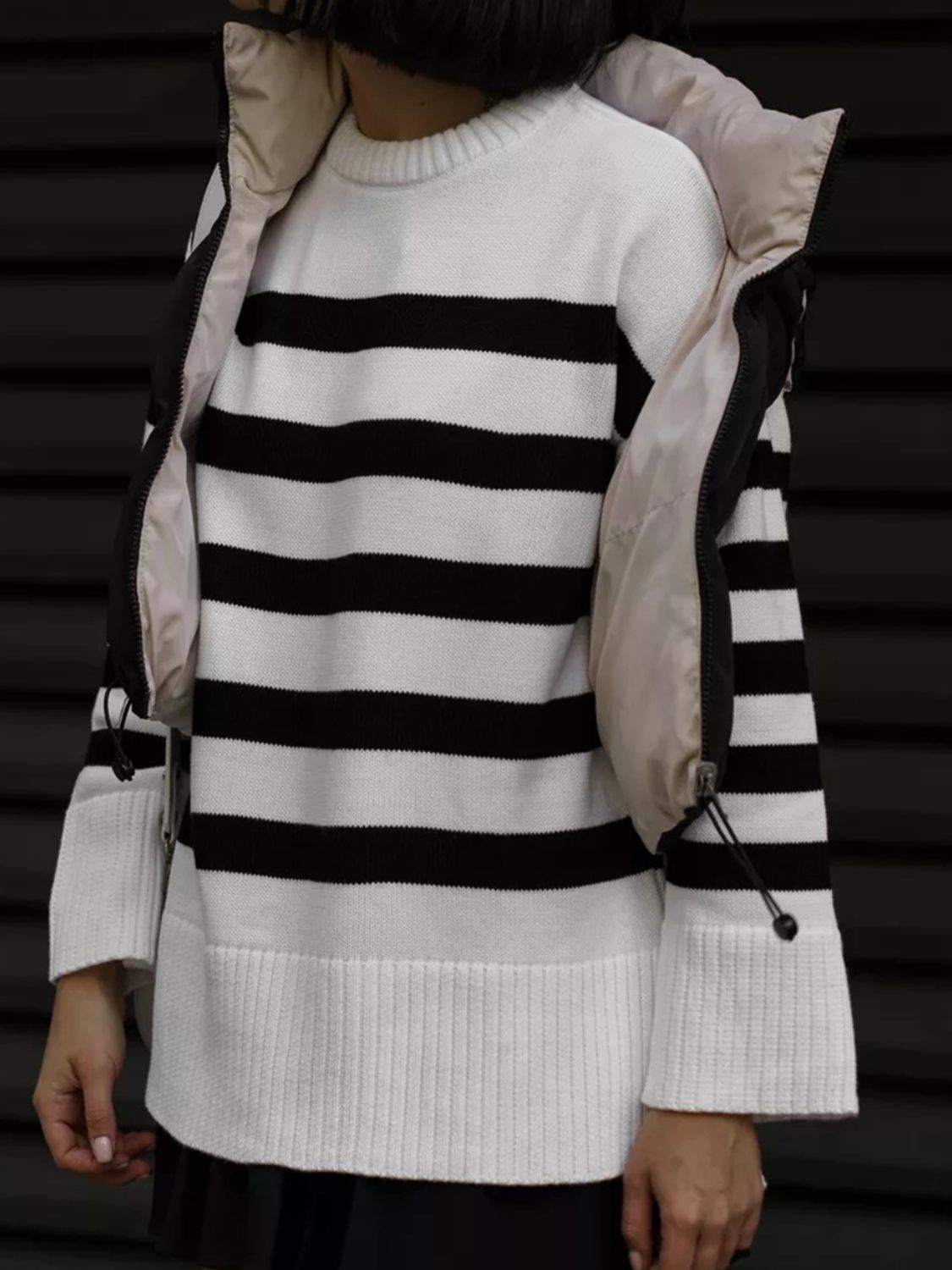 Slit Striped Round Neck Sweater-Angel Casuals