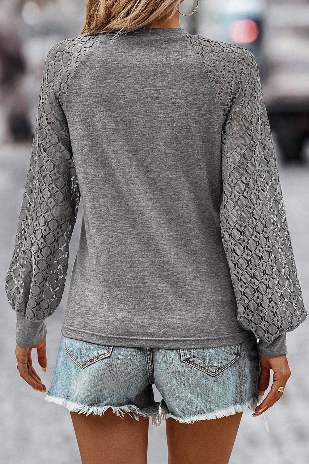 Lace Detail Lantern Sleeve T-Shirt-Angel Casuals