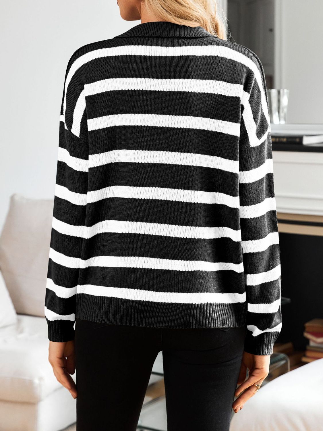 Many Striped Johnny Collar Long Sleeve Sweater-Angel Casuals