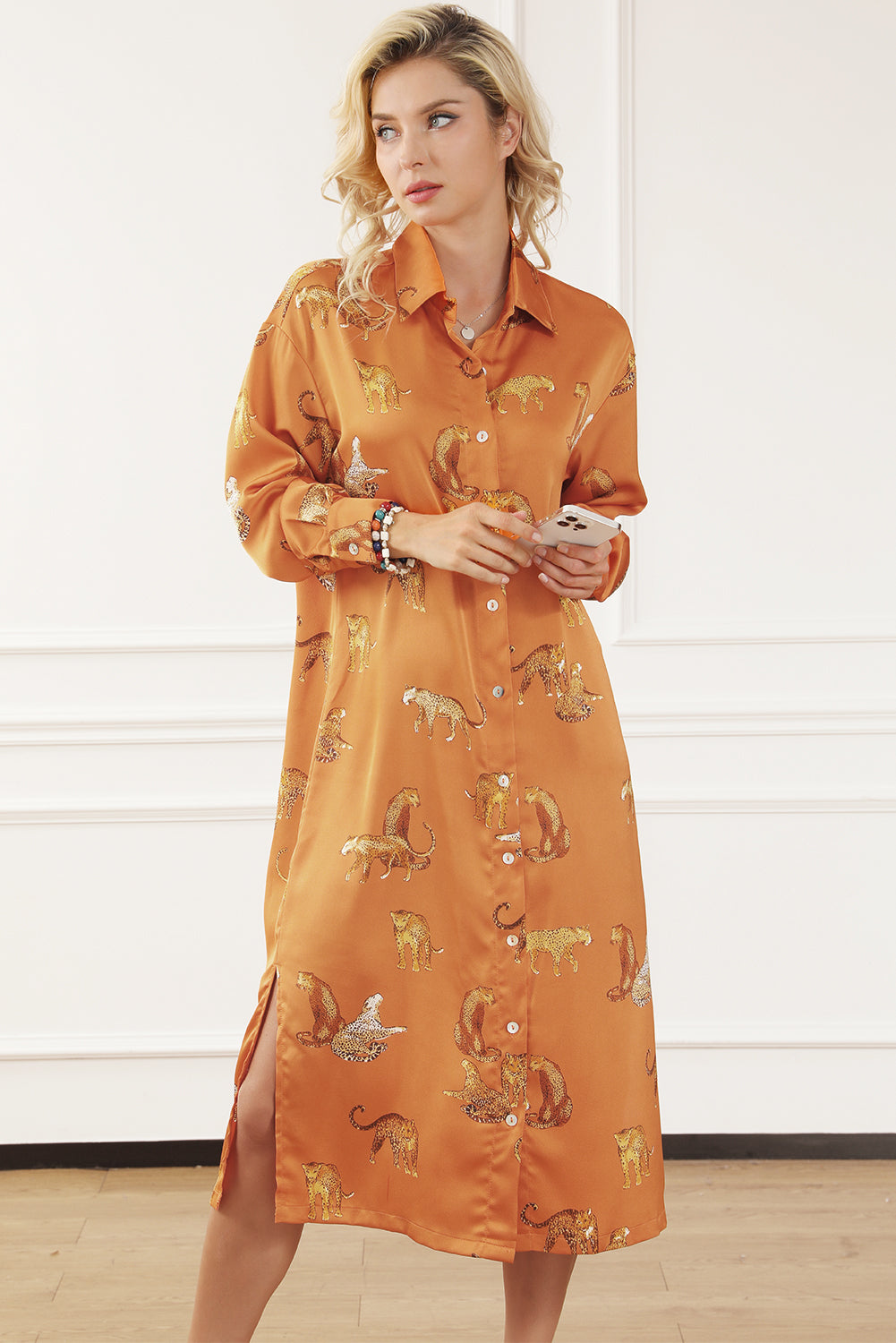 Animal Pattern Long Sleeve Slit Shirt Dress-Angel Casuals