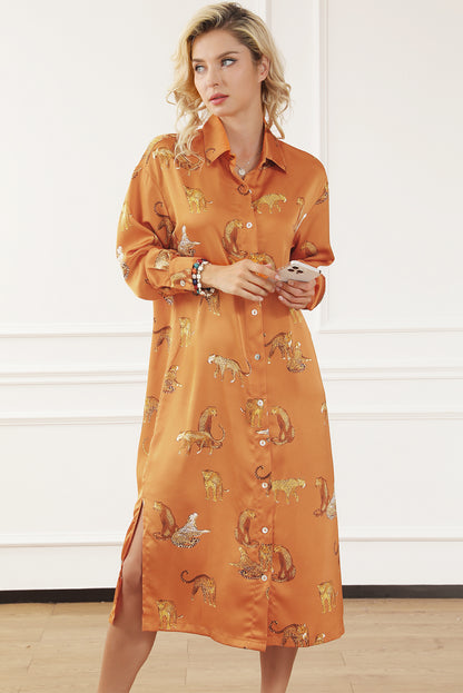 Animal Pattern Long Sleeve Slit Shirt Dress-Angel Casuals