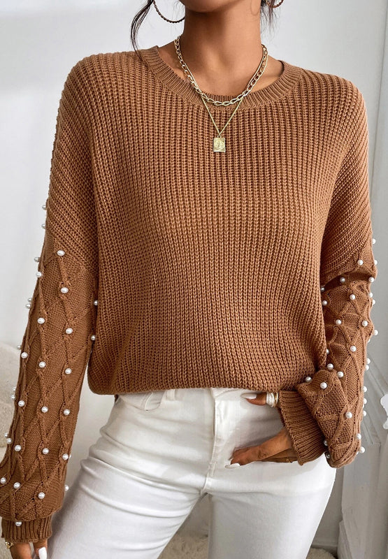 Pearl Detail Round Neck Long Sleeve Sweater-Angel Casuals