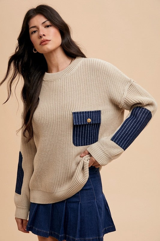 Annie Wear Contrast Round Neck Drop Shoulder Sweater with Patch Pocket-Angel Casuals