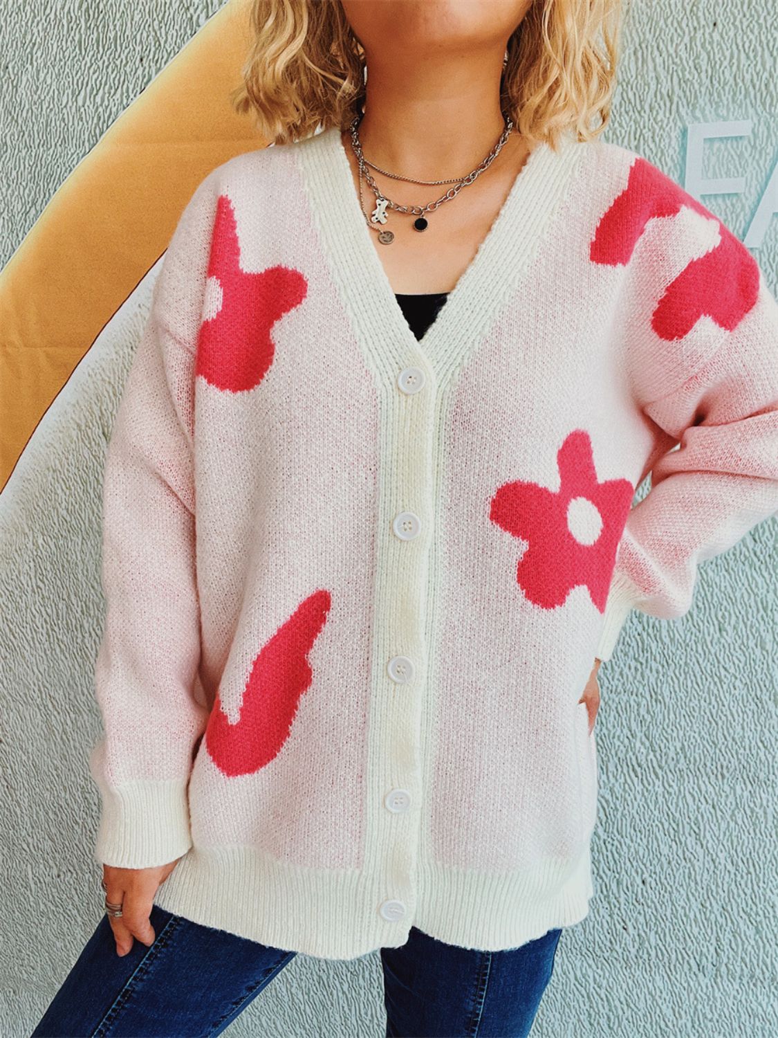 Flower Button Down V-Neck Long Sleeve Cardigan-Angel Casuals