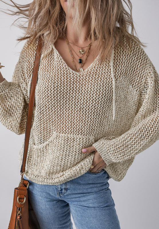 Openwork Dropped Shoulder Hooded Knit Top-Angel Casuals