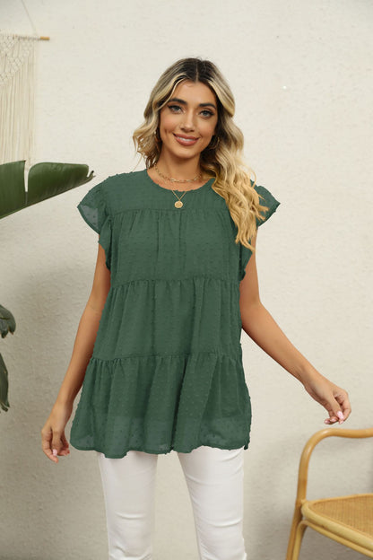 Swiss Dot Round Neck Tiered Blouse-Angel Casuals