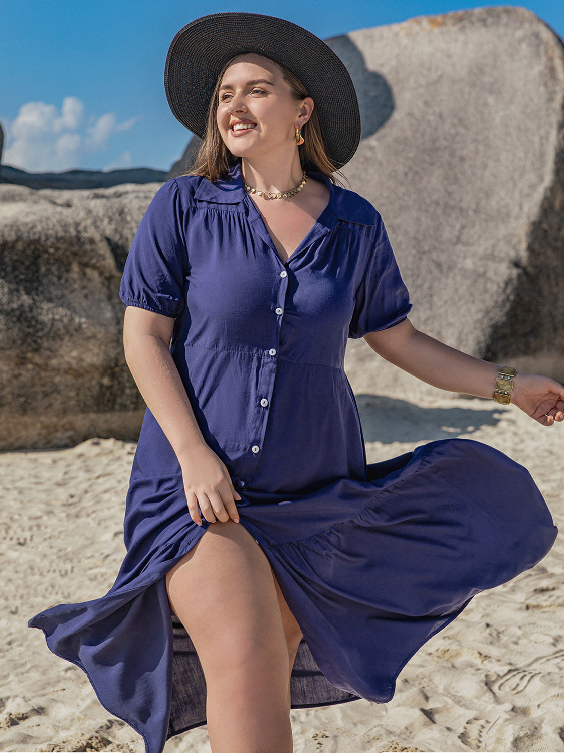 Plus Size Collared Neck Short Sleeve Midi Dress-Angel Casuals