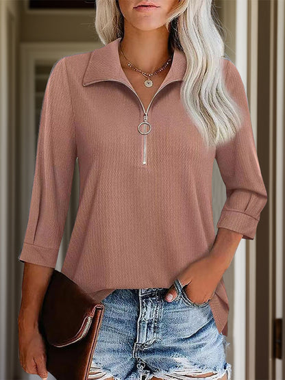 Half Zip Collared Neck Three-Quarter Sleeve T-Shirt-Angel Casuals