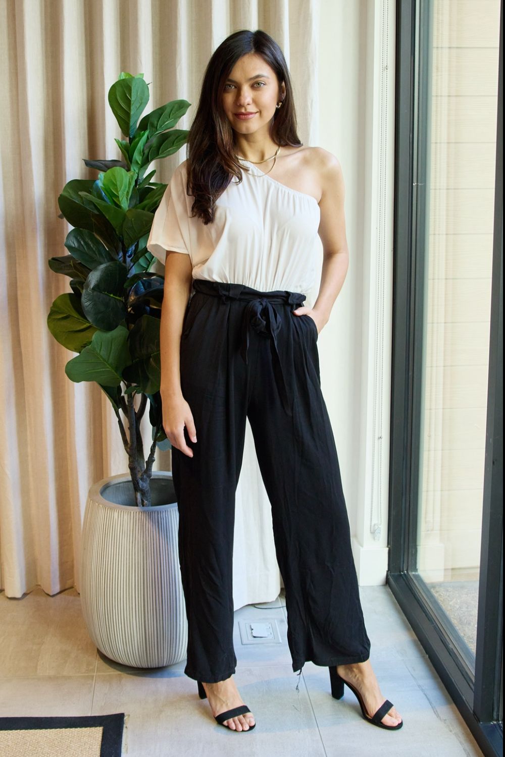 Dress Day Marvelous in Manhattan One-Shoulder Jumpsuit in White/Black-Angel Casuals