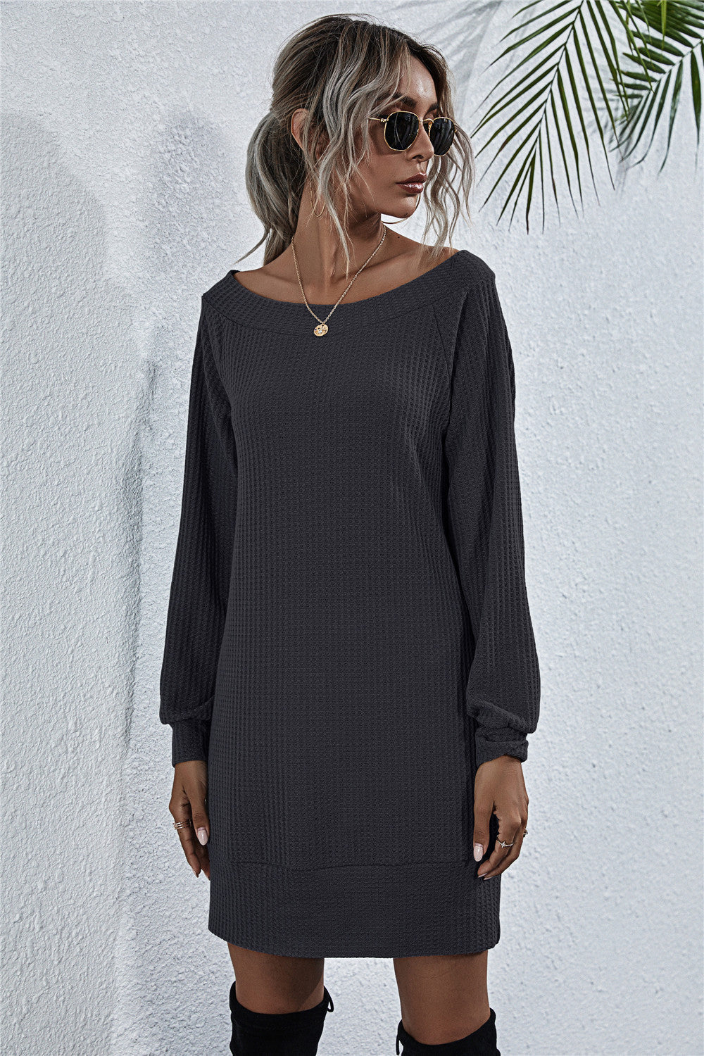 Waffle-Knit Boat Neck Mini Dress-Angel Casuals