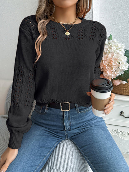 Openwork Round Neck Long Sleeve Sweater-Angel Casuals