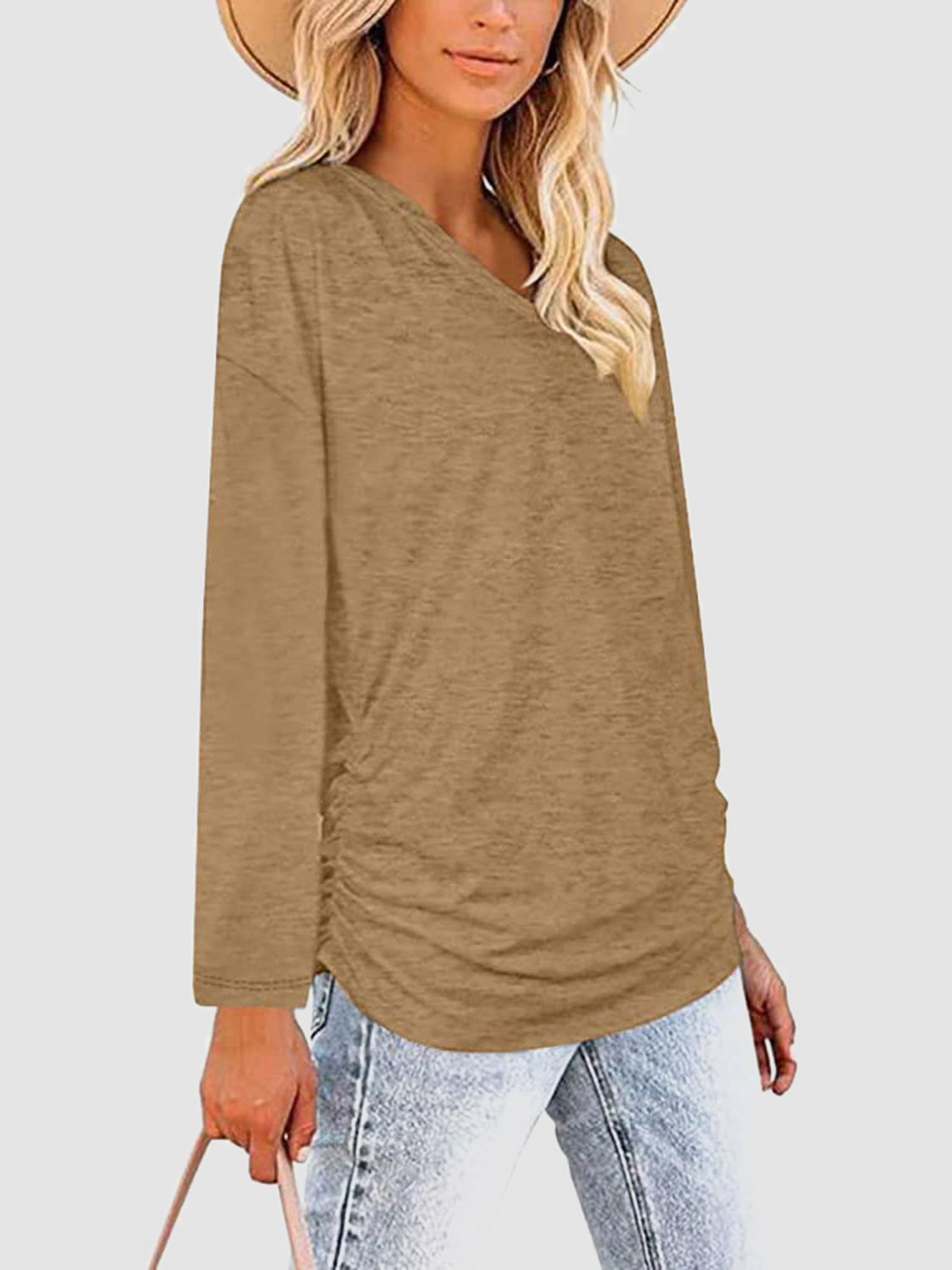 Ruched V-Neck Long Sleeve T-Shirt-Angel Casuals