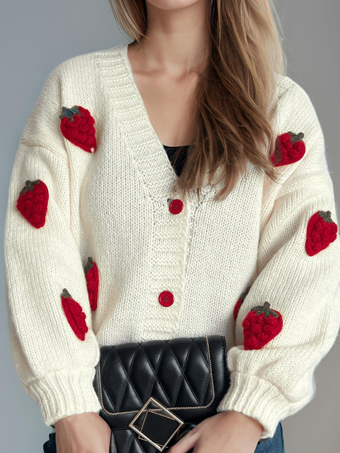 Crochet Strawberry V-Neck Long Sleeve Cardigan-Angel Casuals