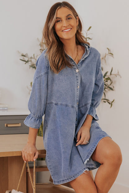 Collared Neck Flounce Sleeve Denim Mini Dress-Angel Casuals