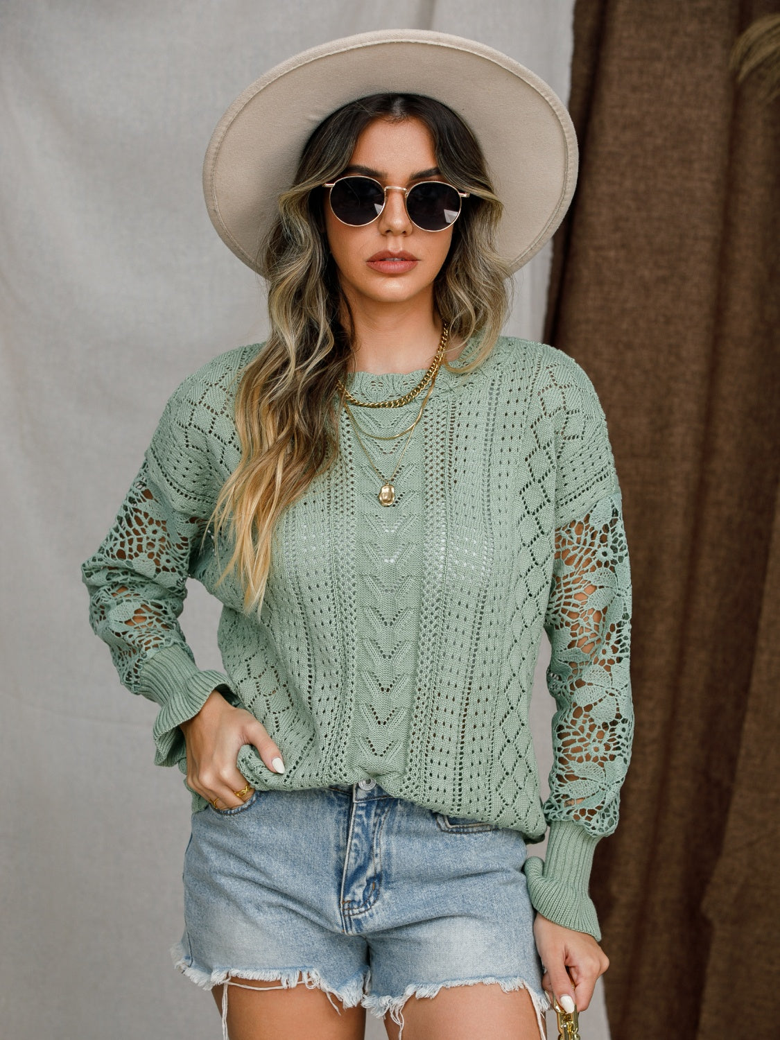 Eyelet Crochet Lantern Sleeve Sweater-Angel Casuals