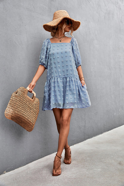 Swiss Dot Square Neck Half Balloon Sleeve Dress-Angel Casuals