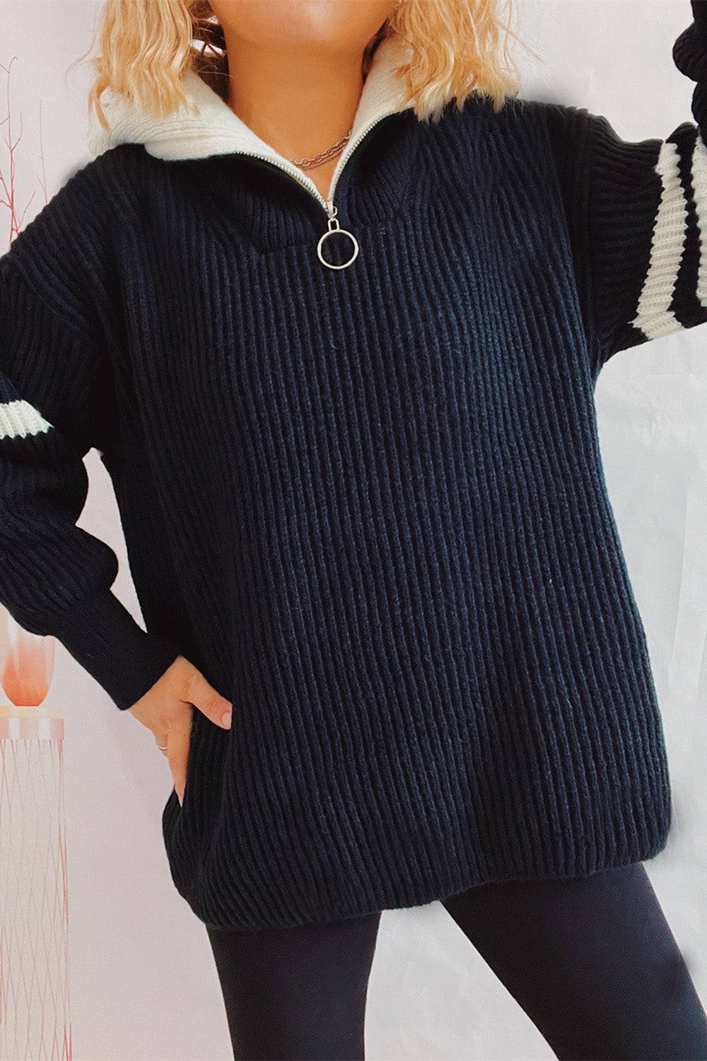 Quarter Zip Striped Dropped Shoulder Sweater-Angel Casuals