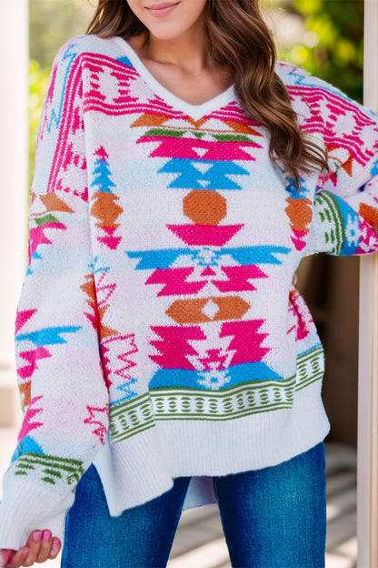 Geometric V-Neck Long Sleeve Sweater-Angel Casuals