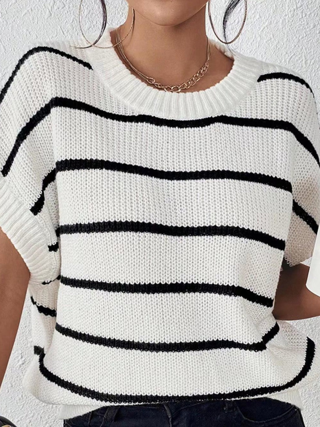 Striped Round Neck Short Sleeve Knit Top-Angel Casuals