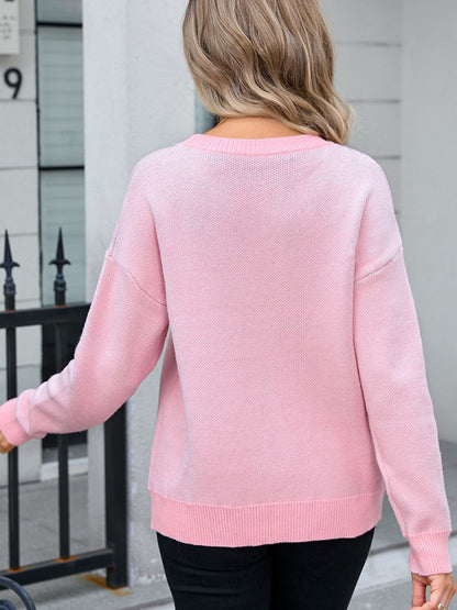 Angel Wings Bow Round Neck Dropped Shoulder Sweater-Angel Casuals
