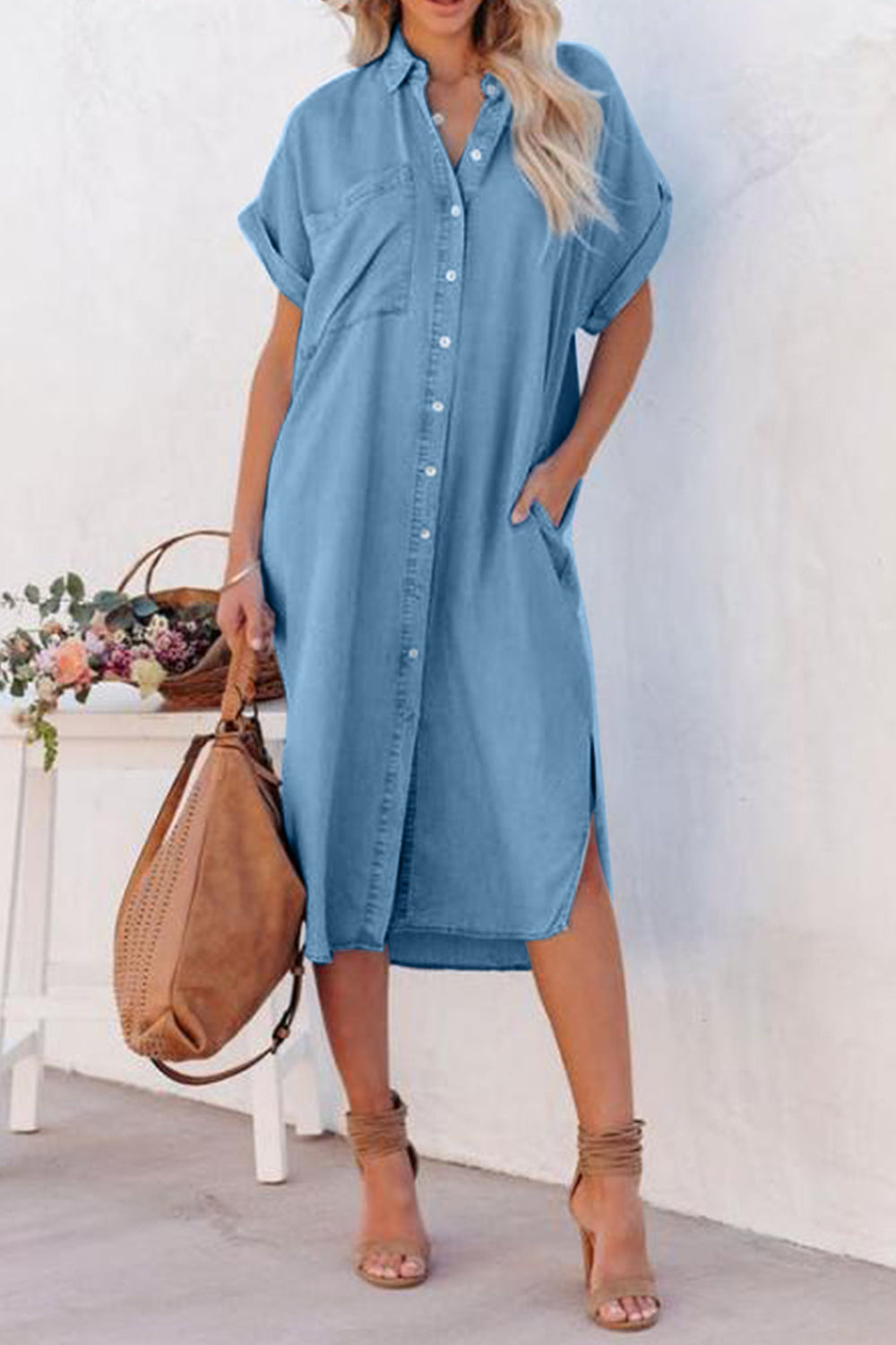 Slit Button Up Short Sleeve Imitation Denim Dress-Angel Casuals