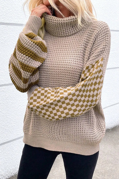 Checkered Striped Turtleneck Long Sleeve Sweater-Angel Casuals