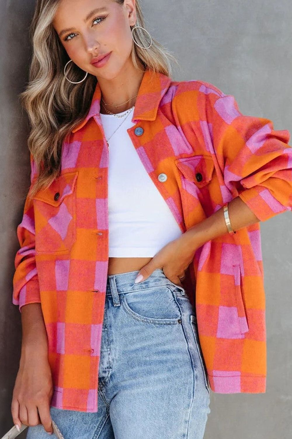 Plaid Collared Neck Button Up Jacket-Angel Casuals