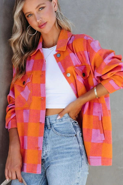 Plaid Collared Neck Button Up Jacket-Angel Casuals
