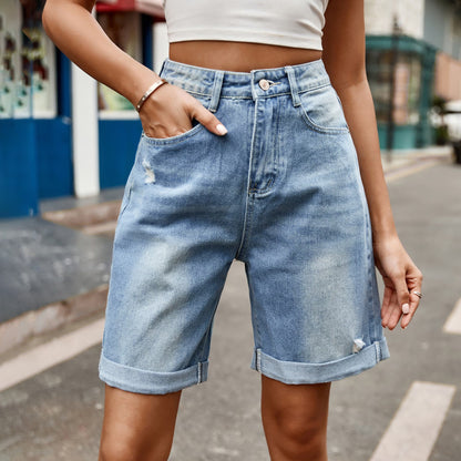 Distressed Buttoned Denim Shorts with Pockets-Angel Casuals