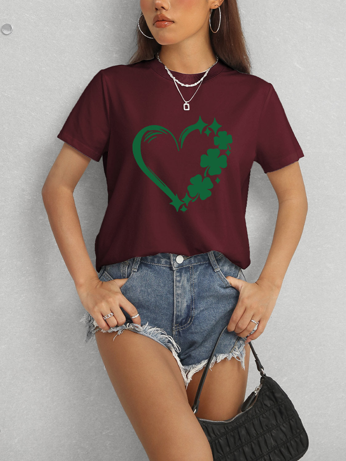 Heart Lucky Clover Round Neck Short Sleeve T-Shirt-Angel Casuals