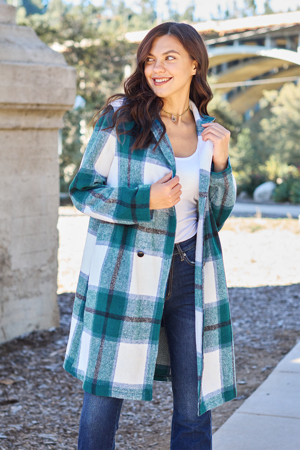 Double Take Full Size Plaid Button Up Lapel Collar Coat-Angel Casuals