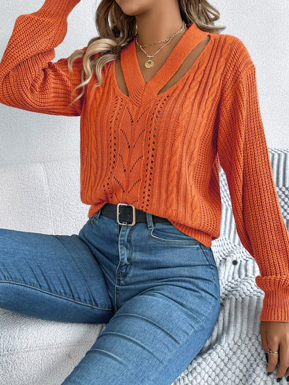 Cutout V-Neck Long Sleeve Sweater-Angel Casuals