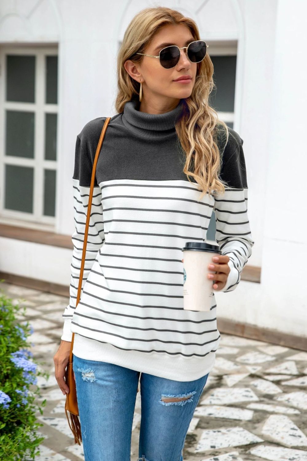 Striped Contrast Turtleneck Sweater-Angel Casuals