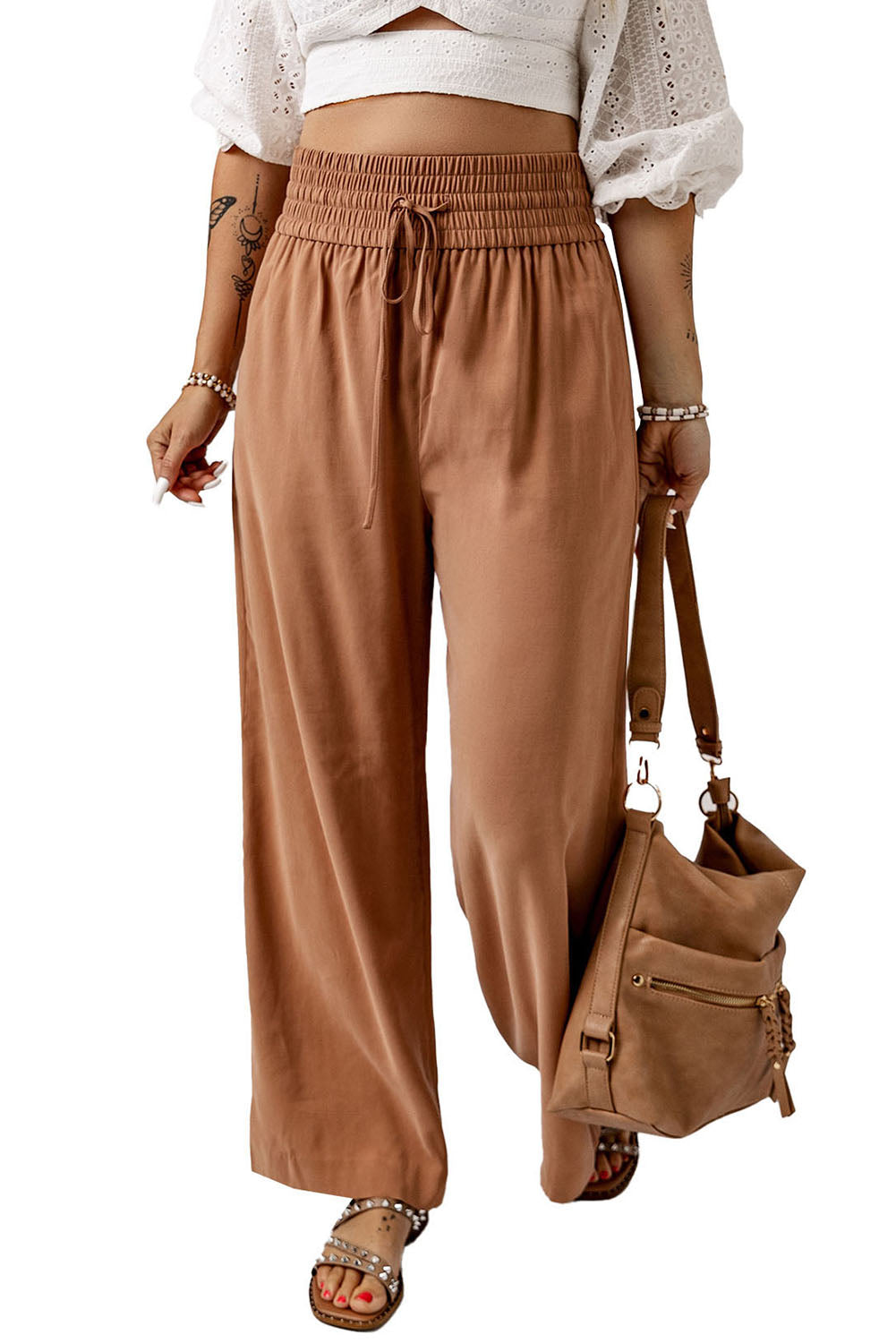 Drawstring Smocked Waist Wide Leg Pants-Angel Casuals