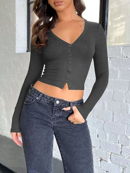 Buttoned V-Neck Long Sleeve T-Shirt-Angel Casuals