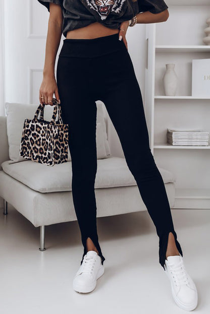 High Waist Ribbed Slit Leggings-Angel Casuals