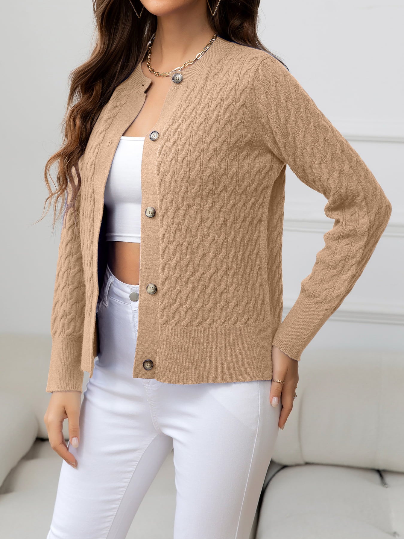 Round Neck Cable-Knit Buttoned Knit Top-Angel Casuals