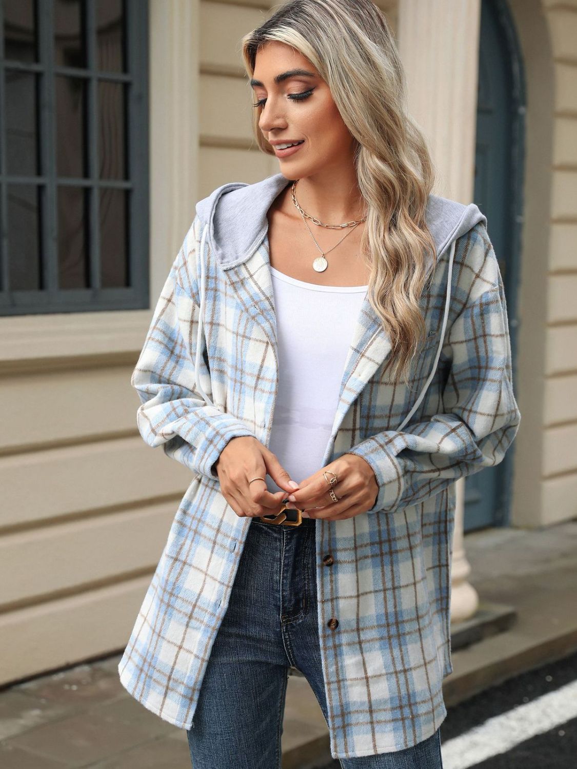 Drawstring Plaid Button Up Hooded Jacket-Angel Casuals