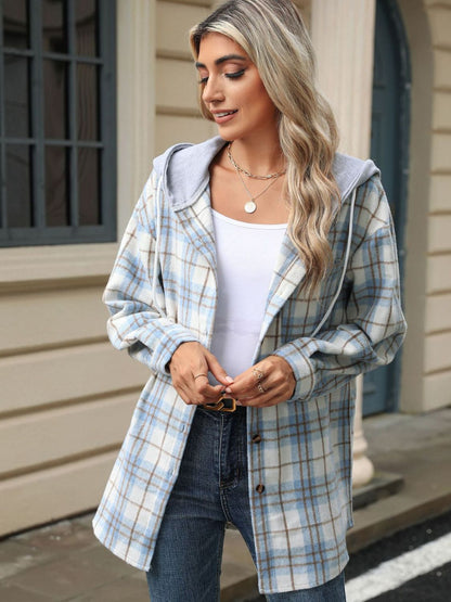 Drawstring Plaid Button Up Hooded Jacket-Angel Casuals