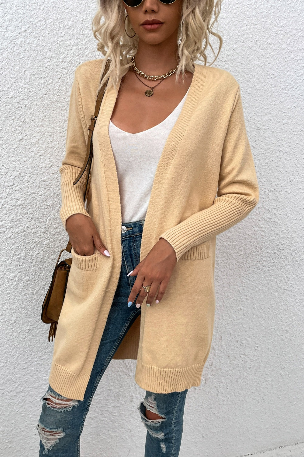 Open Front Long Sleeve Cardigan with Pockets-Angel Casuals