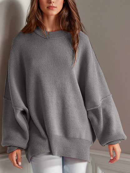 Double Take Side Slit Round Neck Long Sleeve Sweater-Angel Casuals