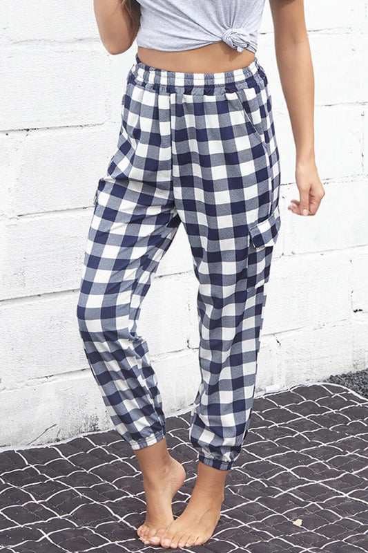 Plaid Elastic High Waist Cargo Pants-Angel Casuals