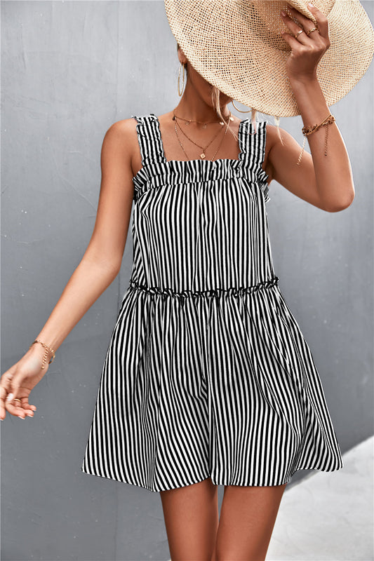 Striped Frill Trim Square Neck Dress-Angel Casuals