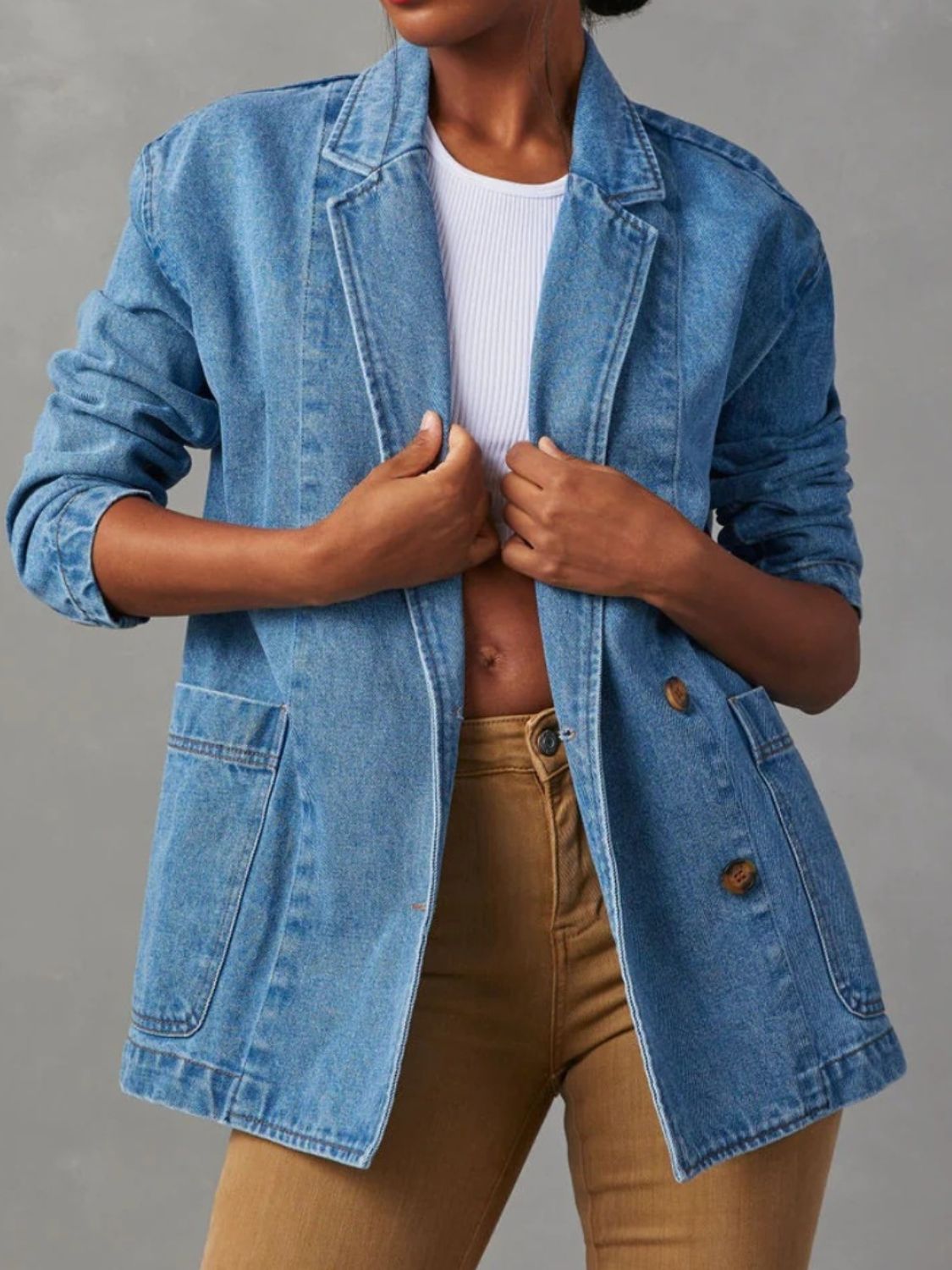 Pocketed Lapel Collar Long Sleeve Denim Jacket-Angel Casuals