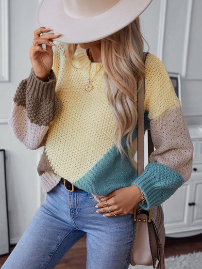 Color Block Round Neck Dropped Shoulder Sweater-Angel Casuals