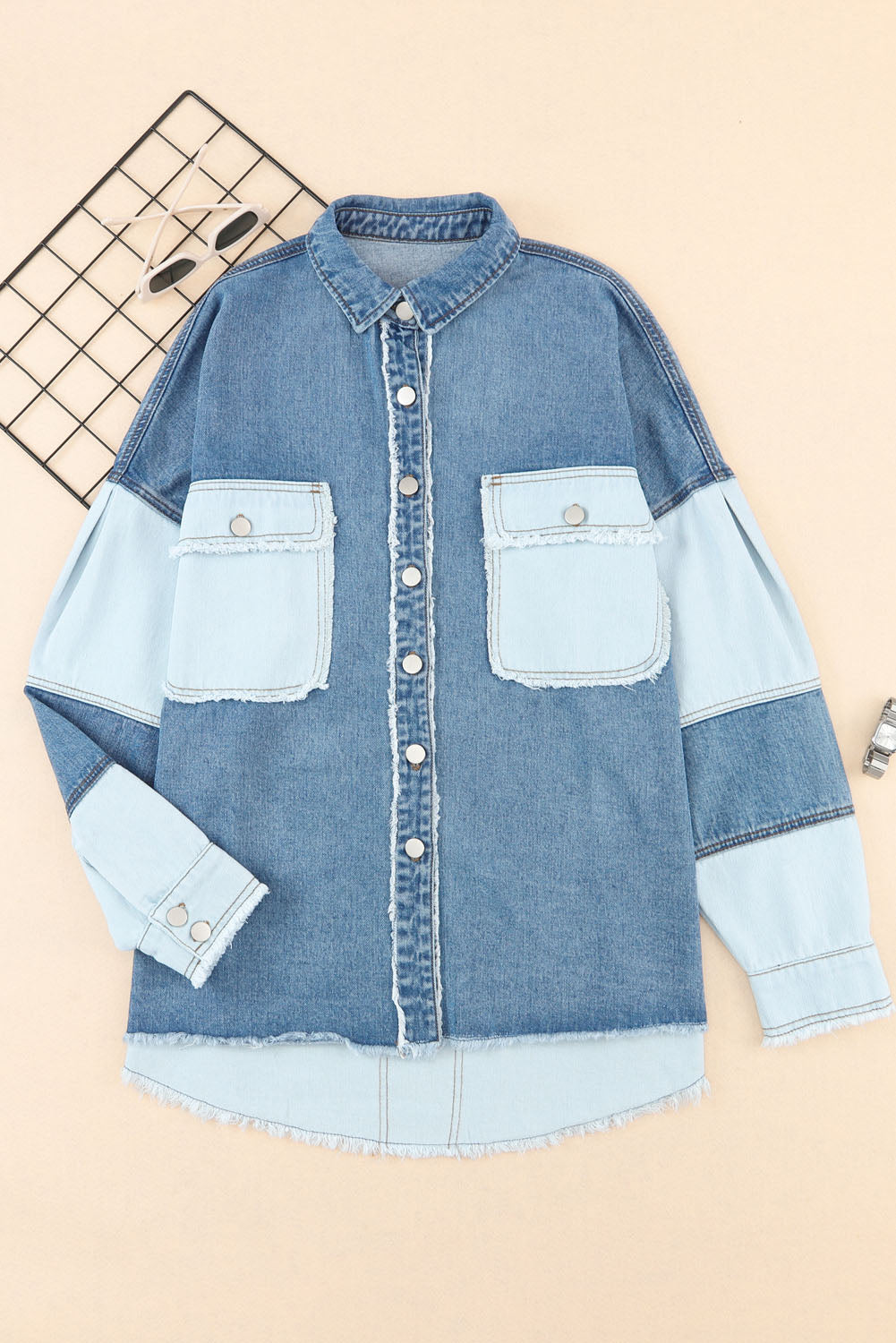 Raw Hem Color Block Denim Jacket-Angel Casuals