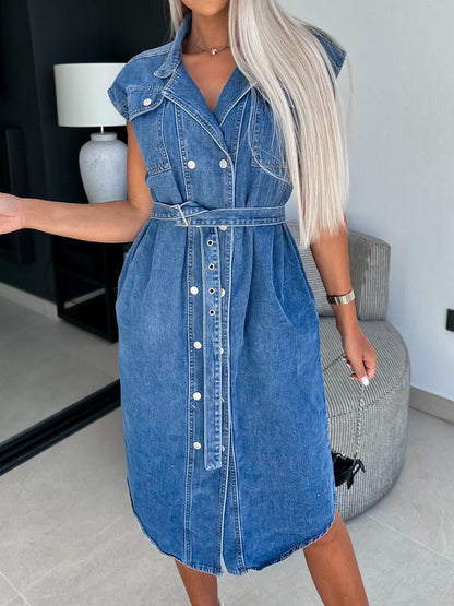 Collared Neck Cap Sleeve Denim Dress-Angel Casuals