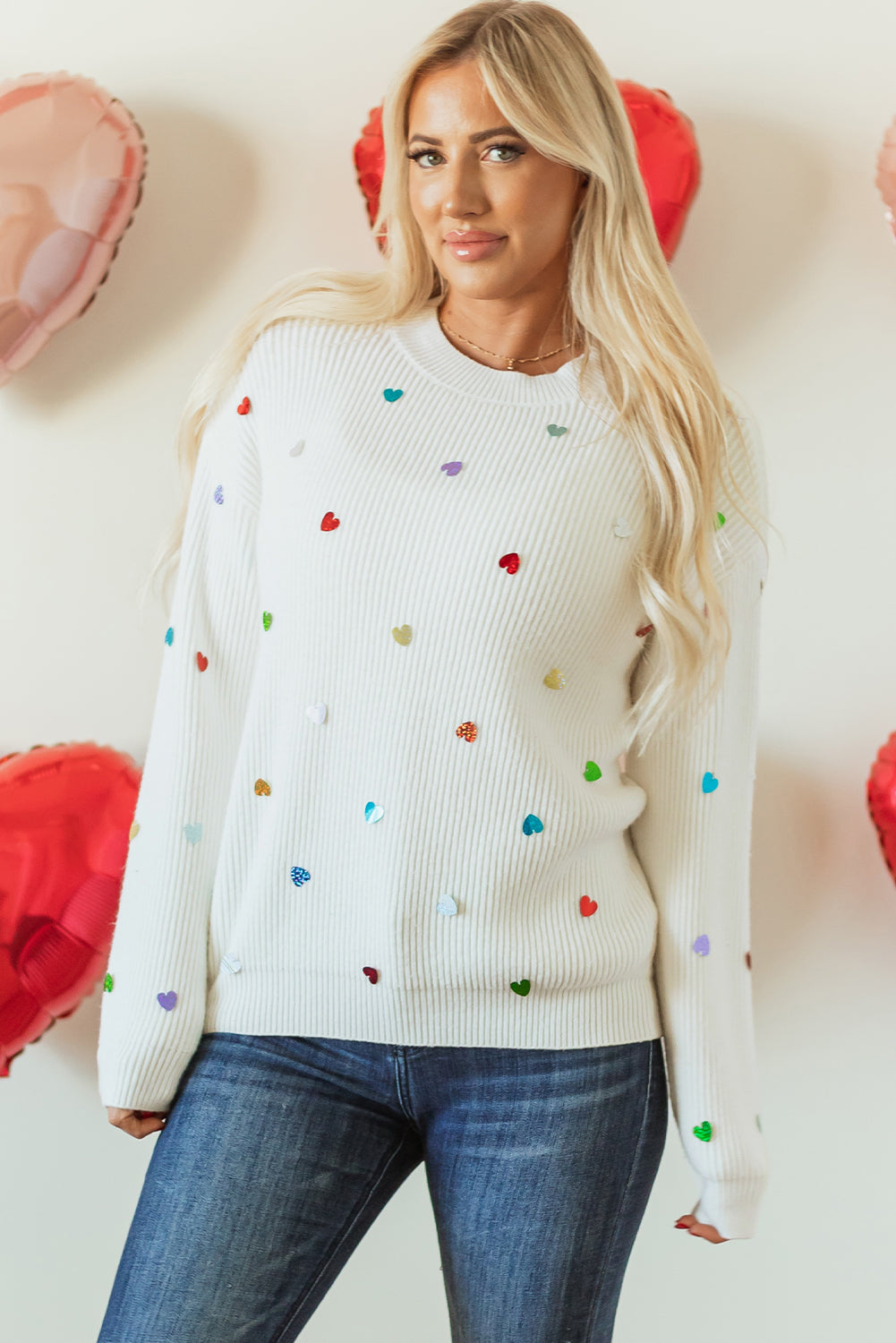 Heart Sequin Round Neck Long Sleeve Sweater-Angel Casuals