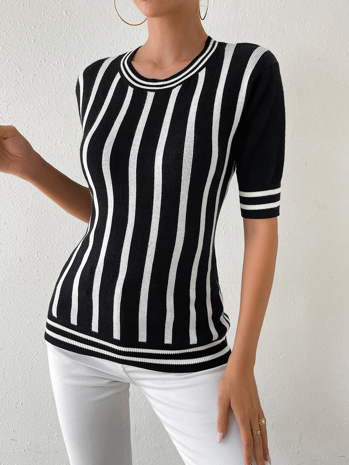 Striped Round Neck Half Sleeve Knit Top-Angel Casuals