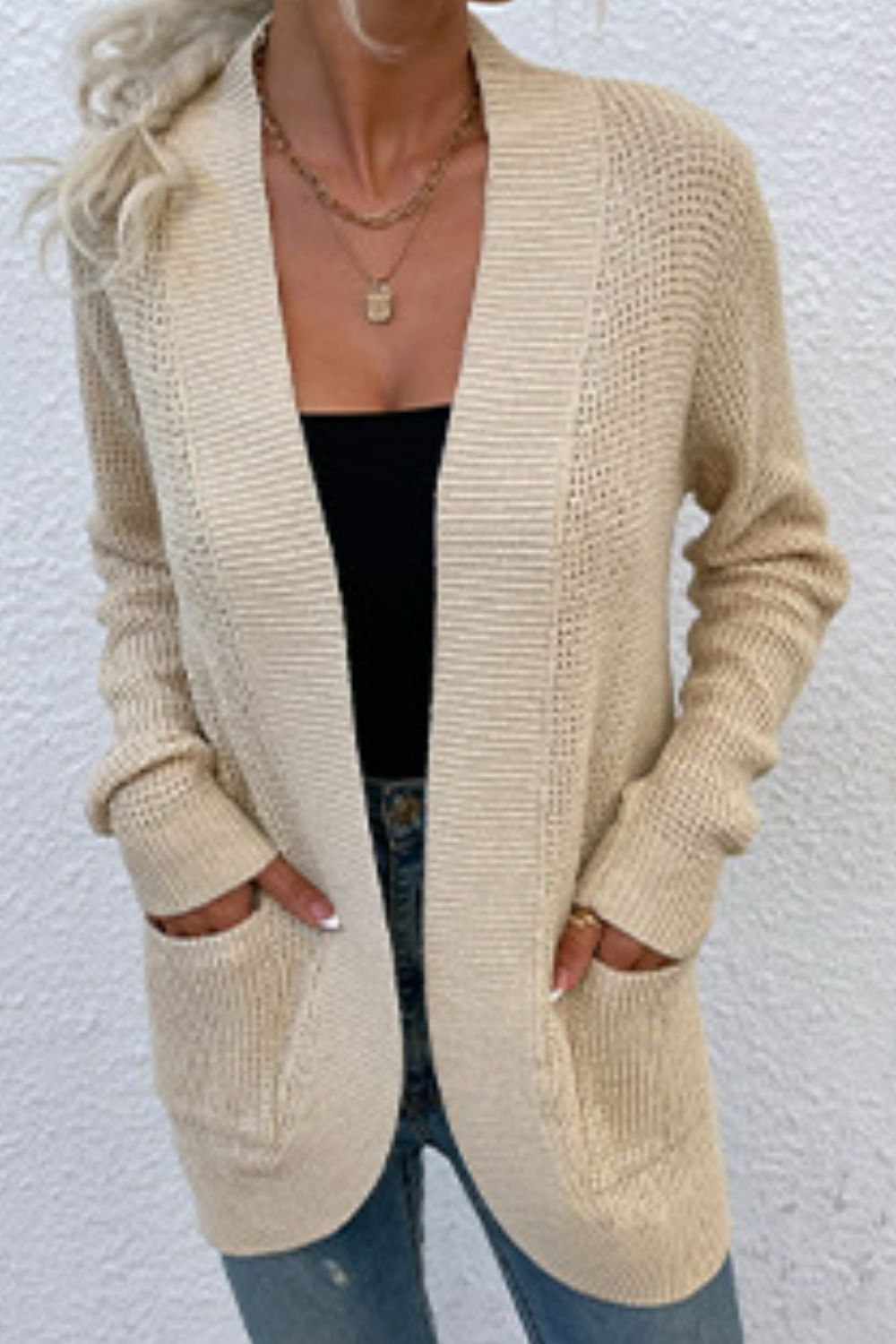 Open Front Rib-Knit Cardigan with Pockets-Angel Casuals